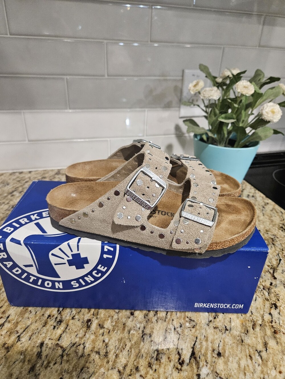 Birkenstock Taupe Studded Suede Arizona Sandals, Size:37/ US 7 - Picture 2 of 8